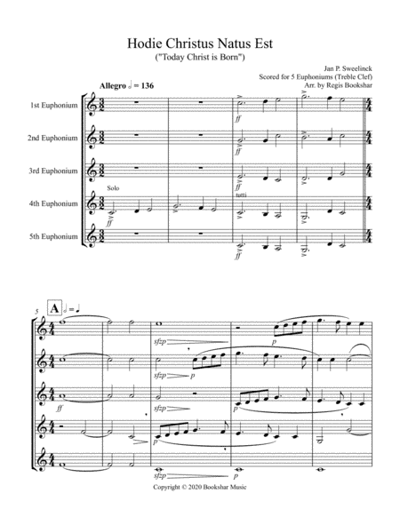Hodie Christus Natus Est (Euphonium Quintet - Treble Clef) (arr. Regis Bookshar)