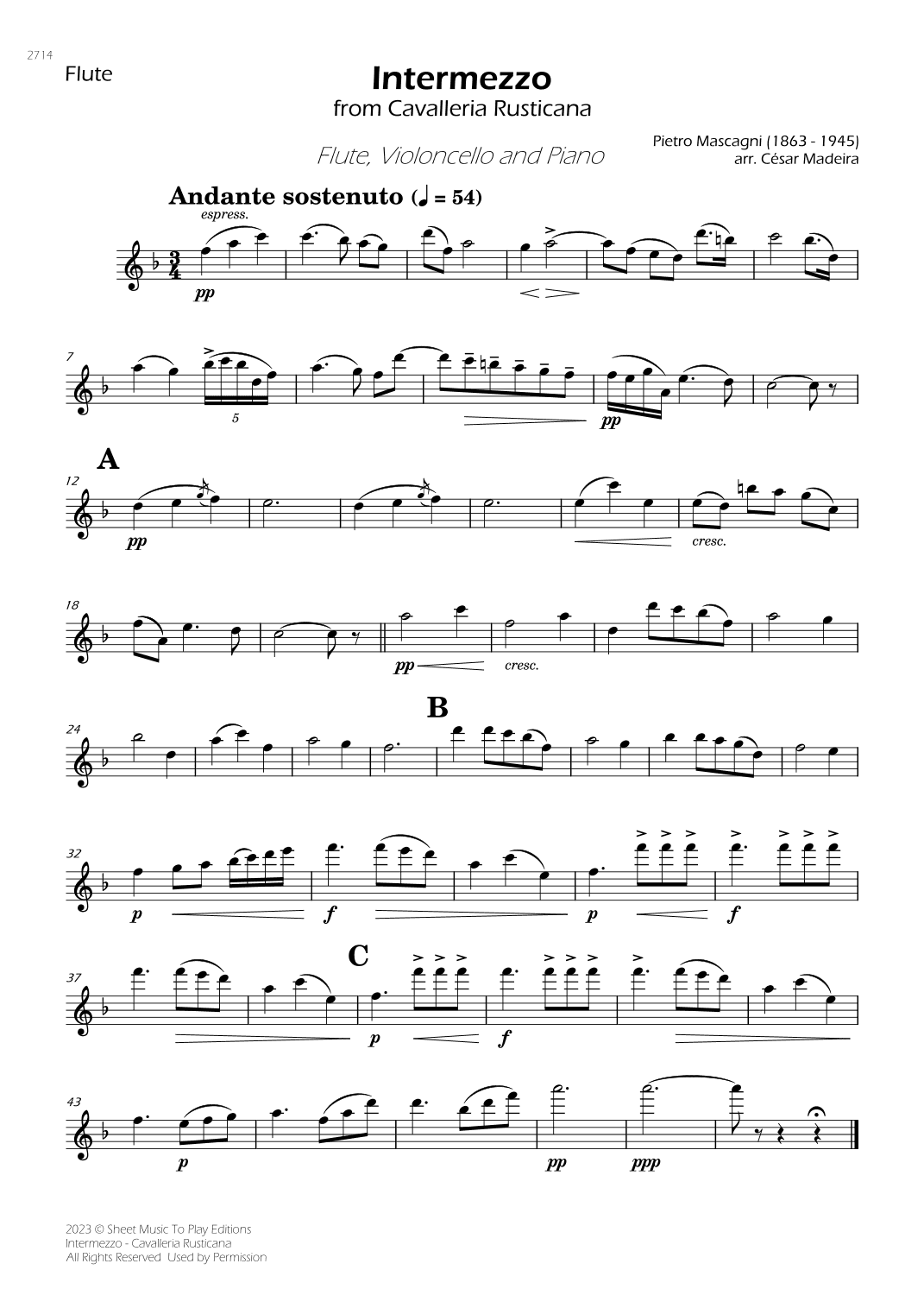 Intermezzo from Cavalleria Rusticana - Flute, Cello and Piano (Individual Parts) (arr. César Madeira)