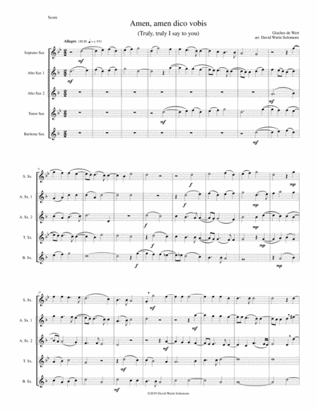 Amen Amen dico vobis (Truly truly I say to you) for saxophone quintet (arr. David Warin Solomons)