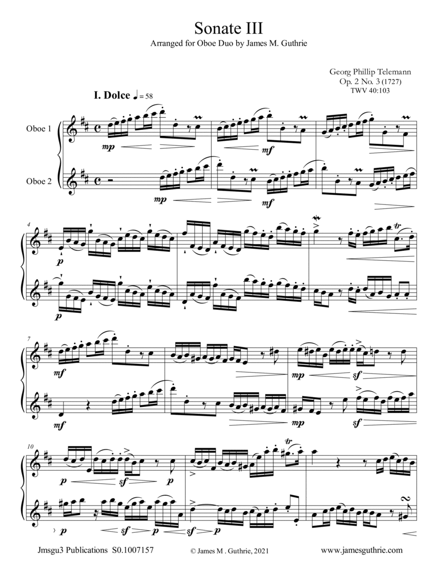 Telemann: Sonata Op. 2 No. 3 for Oboe Duo (arr. James M. Guthrie)