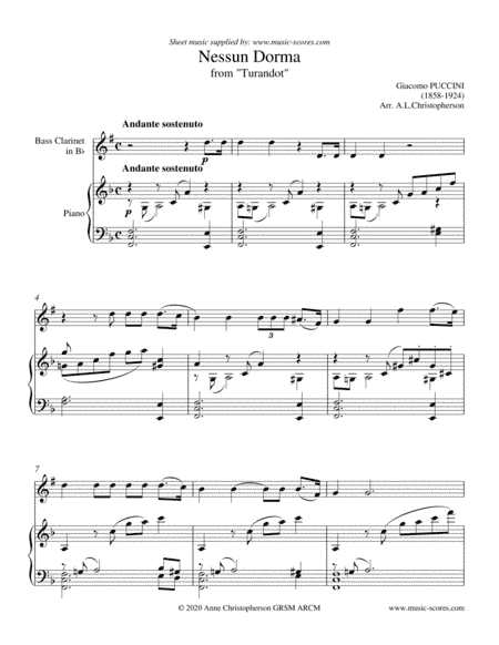 Nessun Dorma - Bass Clarinet and Piano (arr. Anne L Christopherson GRSM ARCM)