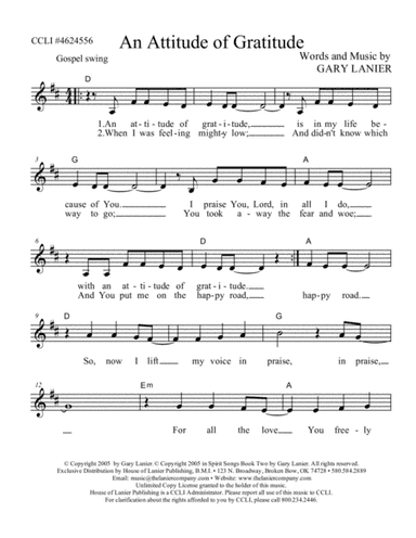 AN ATTITUDE OF GRATITUDE - Lead Sheet (Includes Melody, Lyrics & Chords