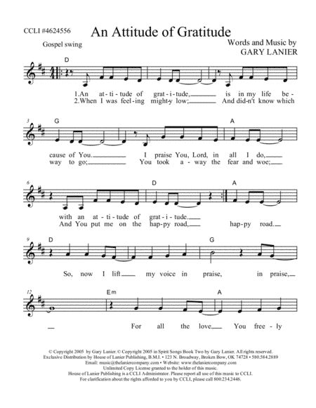 AN ATTITUDE OF GRATITUDE - Lead Sheet (Includes Melody, Lyrics & Chords
