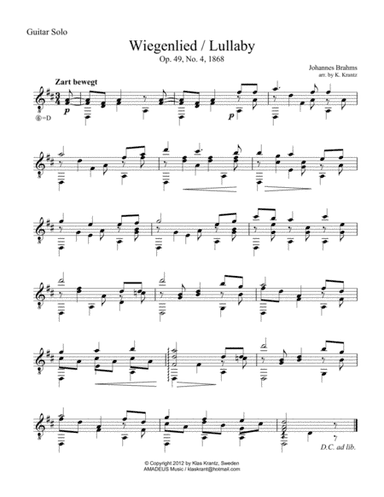 Wiegenlied / Lullaby Op. 49 No. 2 for for guitar solo (arr. K. Krantz)