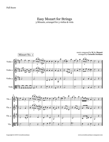 Easy Mozart for Strings - 3 Minuets, arranged for 3 violins & viola (arr. Cornelis Jordaan)