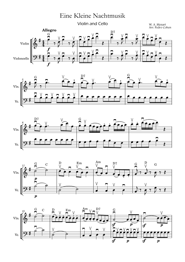 Eine Kleine Nachtmusik - violin and cello version w/ arcades and chords (arr. Pedro Cohen)