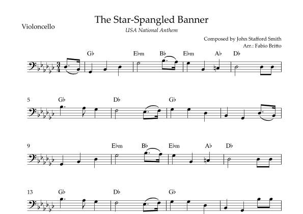The Star Spangled Banner (USA National Anthem) for Cello Solo with Chords (Gb Major) (arr. Fabio Britto)
