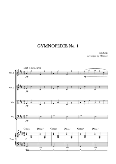 Gymnopédie no 1 | String Quartet | Original Key | Chords | Piano accompaniment |Easy intermediate (arr. Milanov)