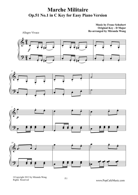 Marche Militaire Op.51 No.1 in - C Key Version (arr. Miranda Wong)