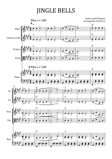 Jingle Bells in A (Flute, Clarinet Bb, Violin, Viola + Piano accomp) (arr. GDVSLJ)