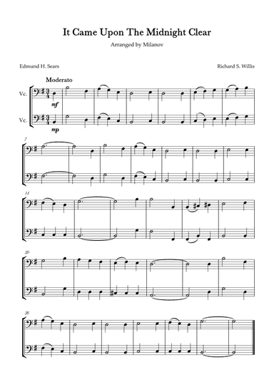 It Came Upon The Midnight Clear Cello Duet in G Melody and accompaniment Easy Intermediate (arr. Milanov)