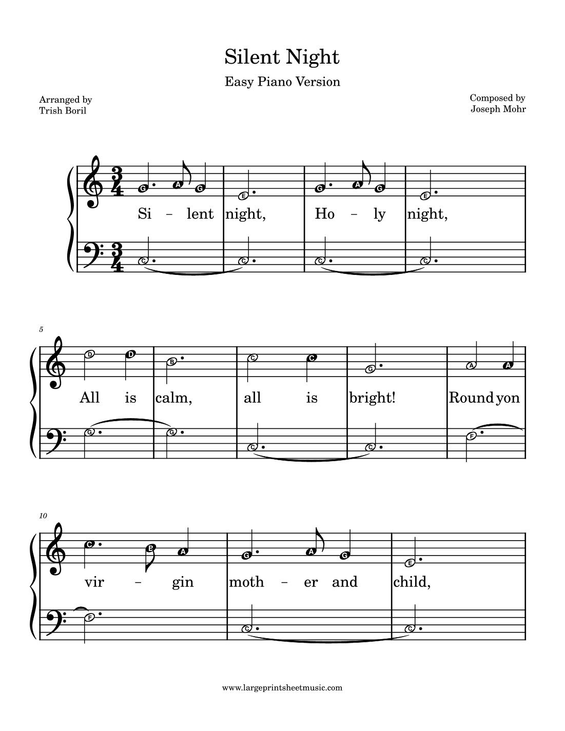 Silent Night Easy Piano LARGE PRINT With Note Names In Note Heads (arr. Trish Boril)