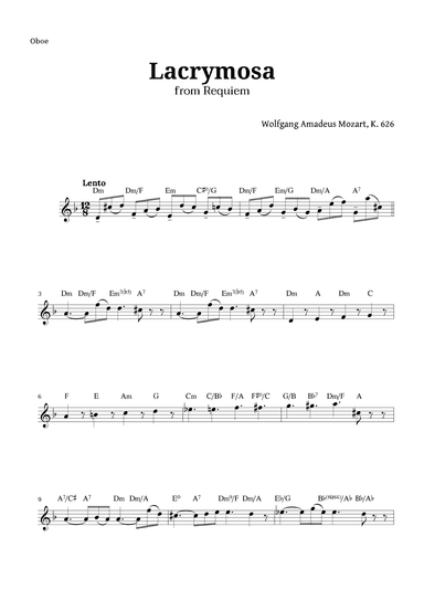 Lacrymosa from Requiem by Mozart for Oboe (arr. Langanho)