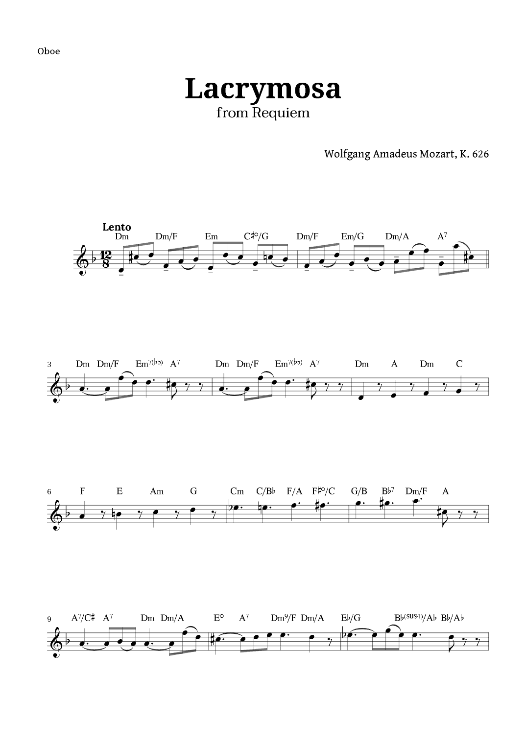 Lacrymosa from Requiem by Mozart for Oboe (arr. Langanho)