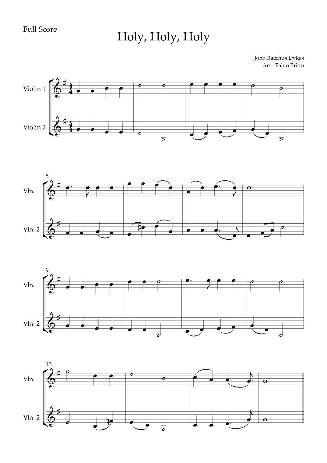 Holy, Holy, Holy (Traditional Christian Song) for Violin Duo (arr. Fabio Britto)