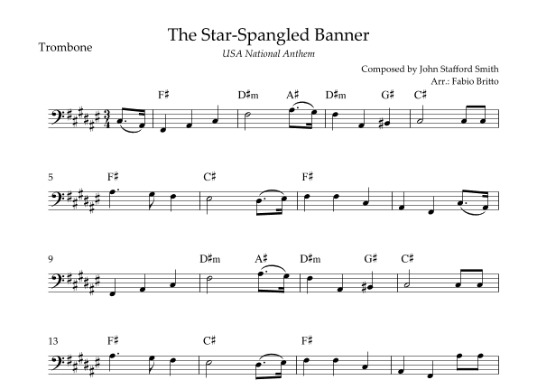 The Star Spangled Banner (USA National Anthem) for Trombone Solo with Chords (F# Major) (arr. Fabio Britto)