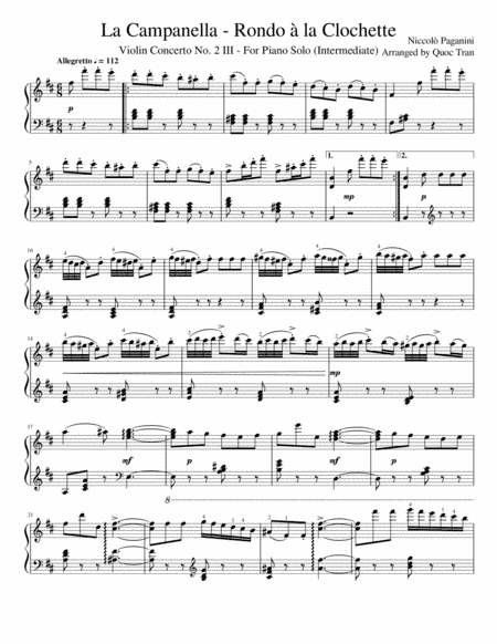 La Campanella - Rondo à la Clochette - For Piano Solo (Intermediate) (arr. Quoc Tran)