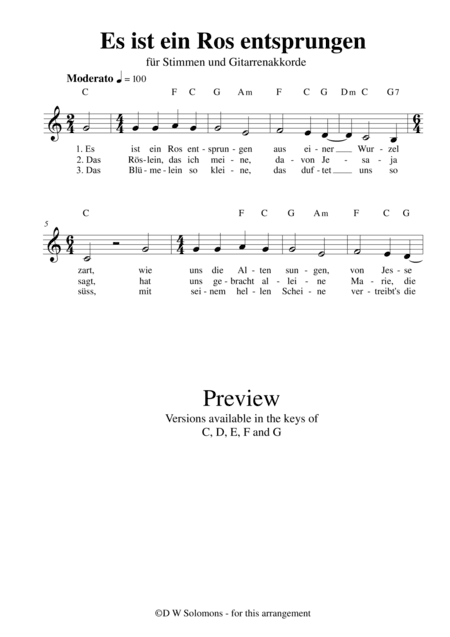 Es ist ein' Ros' entsprungen (voice and guitar chords) (arr. David Warin Solomons)