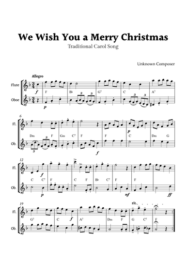 We Wish you a Merry Christmas for Flute and Oboe Duet with Chords (arr. Rika K.)