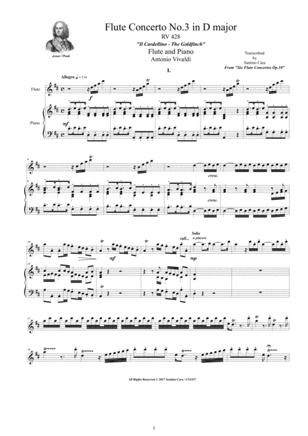 Vivaldi - Flute Concerto No.3 in D major Op.10 'Il Cardellino' RV 428 for Flute and Piano (arr. Santino Cara)
