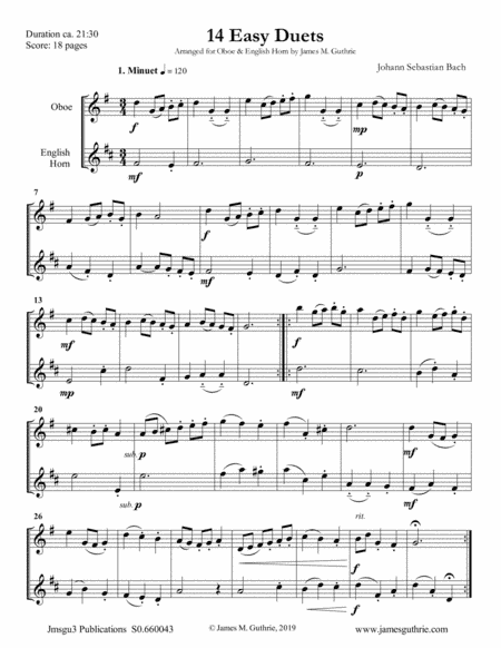 Bach: 14 Easy Duets for Oboe & English Horn (arr. James M. Guthrie, ASCAP)