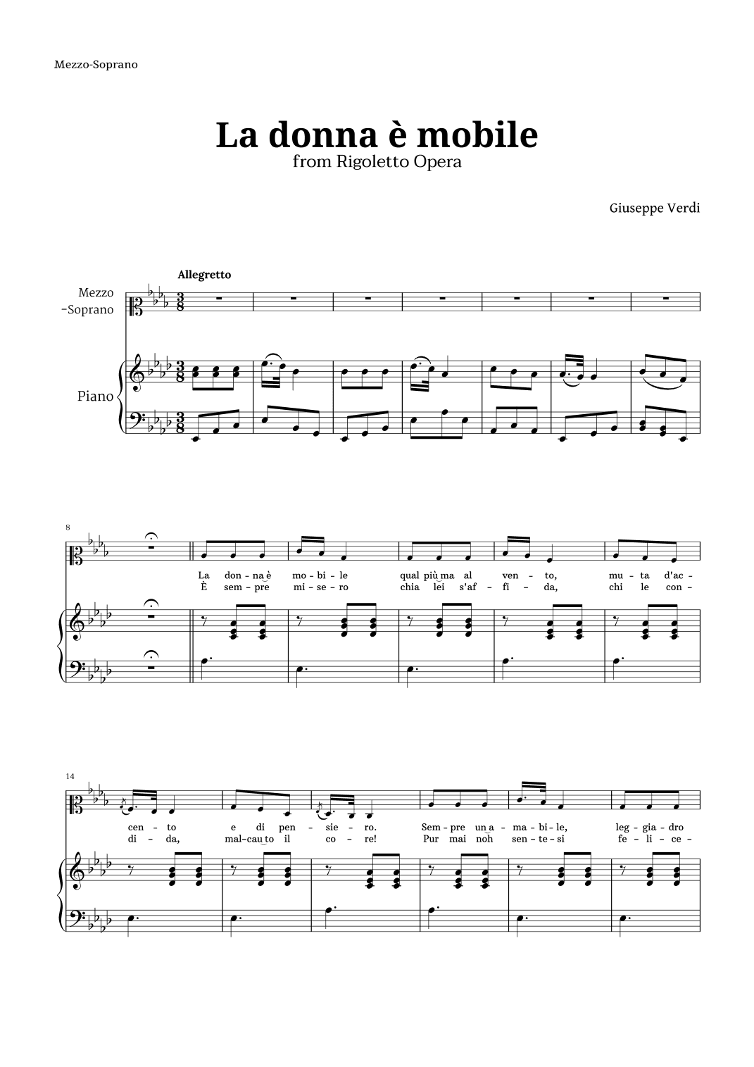 La donna è mobile in A-flat major for Mezzo Soprano and Piano (arr. Langanho)