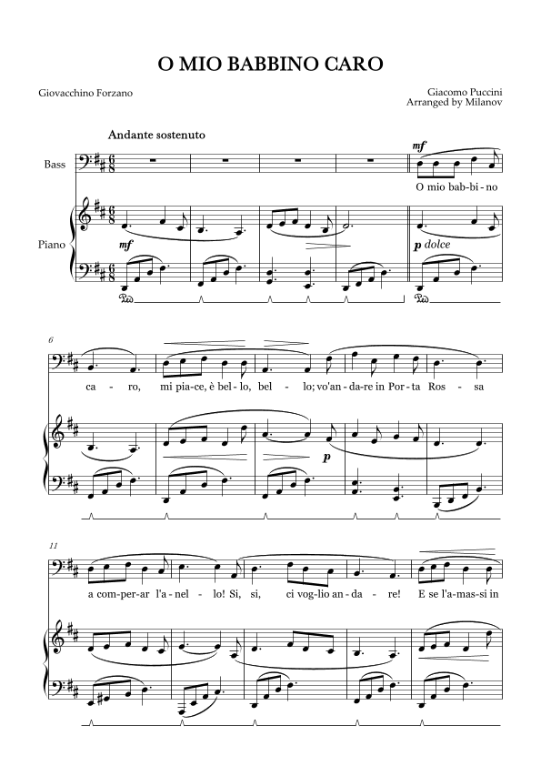 O Mio Babbino Caro | Male Voice Bass | D Major | Piano accompaniment | Pedal (arr. Milanov)