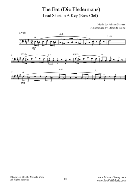 The Bat (Die Fledermaus) - Lead Sheet for Cello Solo (Bass Clef) (arr. Miranda Wong)