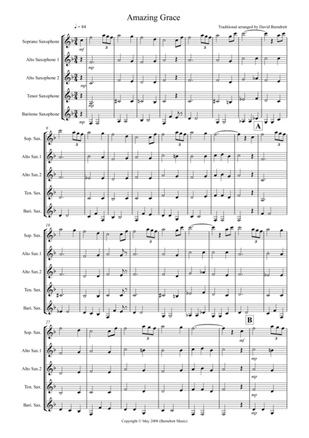 Amazing Grace for Saxophone Quintet (arr. David Burndrett)