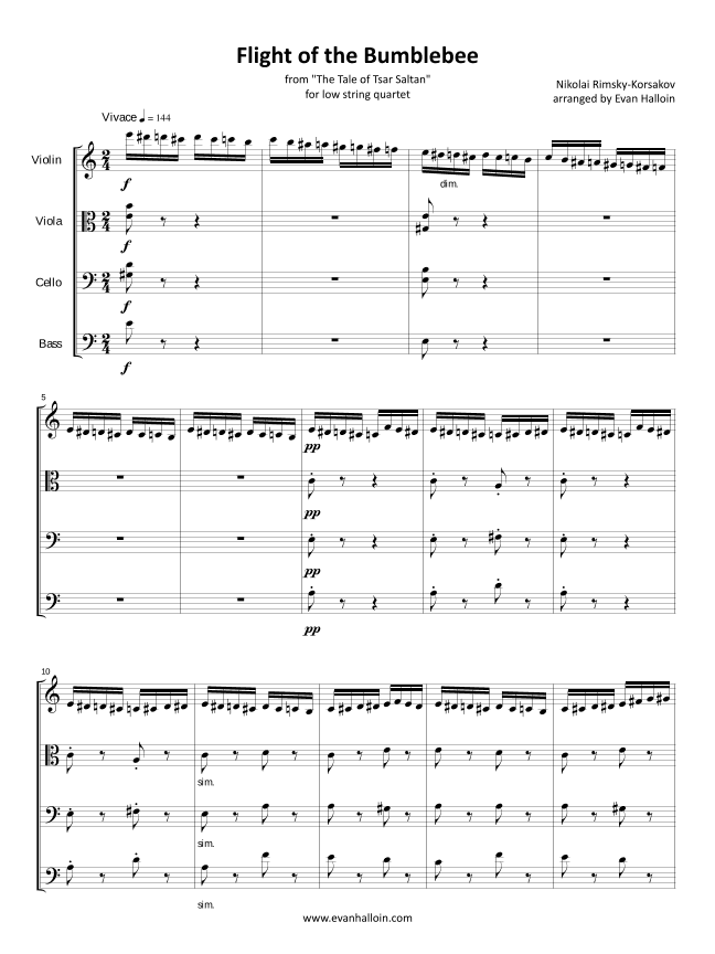 Rimsky-Korsakov - Flight of the Bumblebee for violin, viola, cello, and double bass (arr. Evan Halloin)