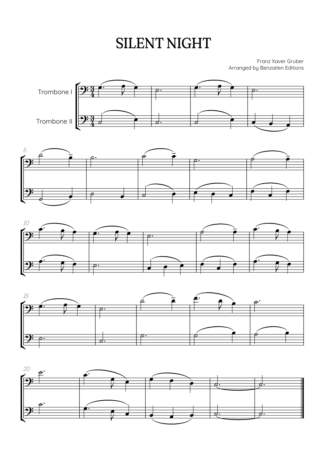 Silent Night for trombone duet • easy Christmas song sheet music (arr. Benzaiten Editions)