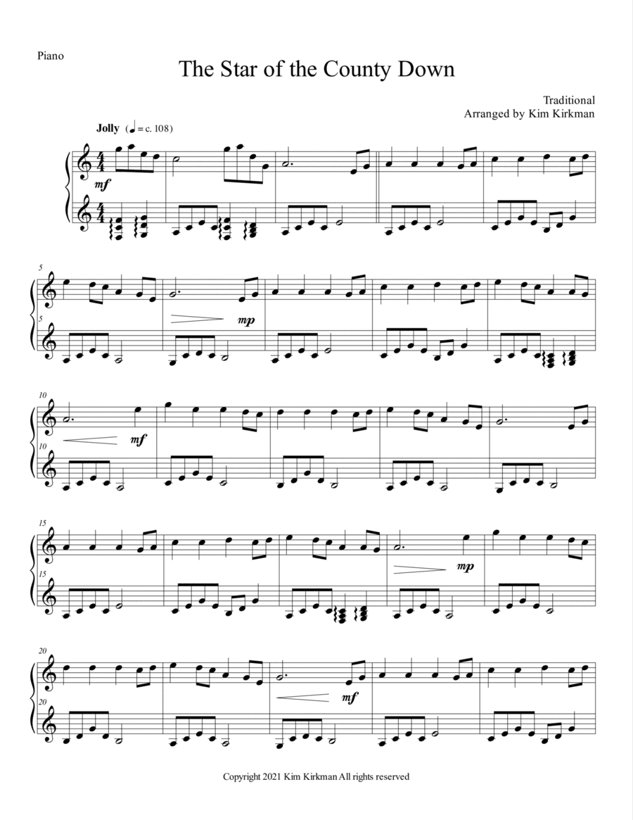 Star of the County Down for piano - no black keys needed (arr. Kim Kirkman)
