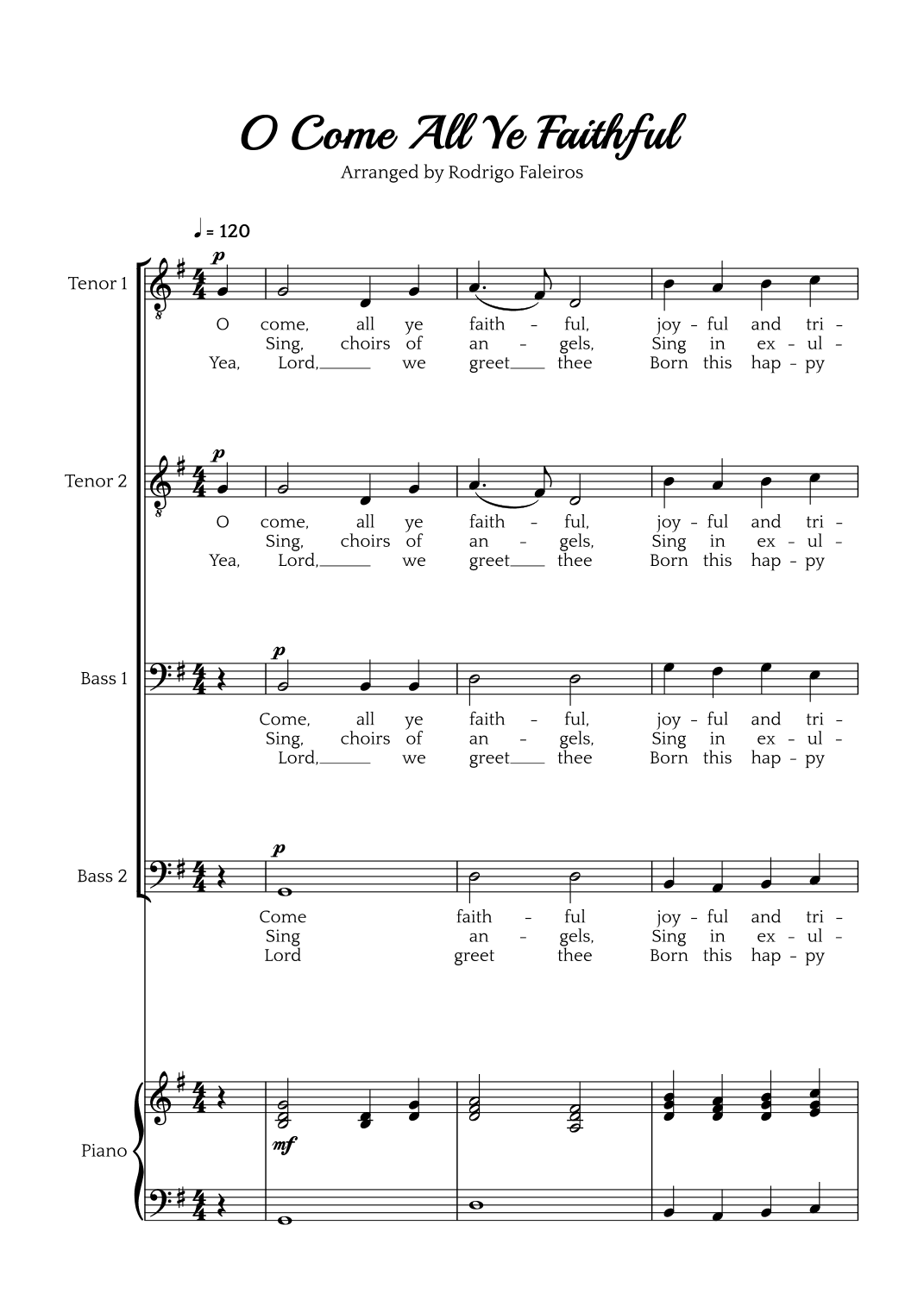 O Come All Ye Faithful (TTBB choir and piano accompaniment) (arr. Rodrigo Faleiros)