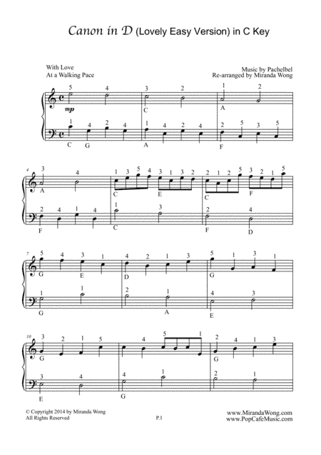 Canon in D - Piano Solo in C Key (Children Version) (arr. Miranda Wong)