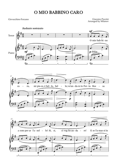 O Mio Babbino Caro | Male Voice Tenor | G Major | Piano accompaniment | Pedal (arr. Milanov)