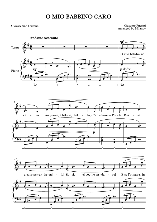 O Mio Babbino Caro | Male Voice Tenor | G Major | Piano accompaniment | Pedal (arr. Milanov)