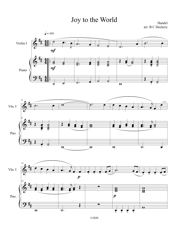 Joy to the World (violin solo) with optional piano accompaniment (arr. B C Dockery)