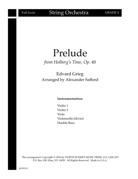 Prelude From Holberg's Time Op. 40 (Holberg Suite) Score and Parts (arr. North Summit Music Press, LLC)