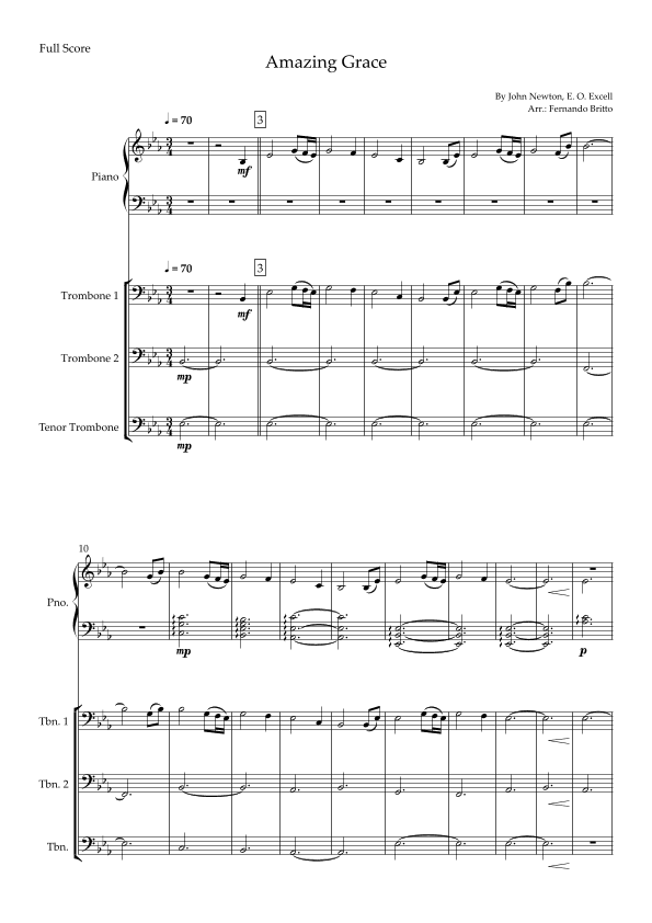 Amazing Grace (John Newton, E. O. Excell) for Trombone Trio and Piano Accompaniment with Chords (arr. Fernando Britto)