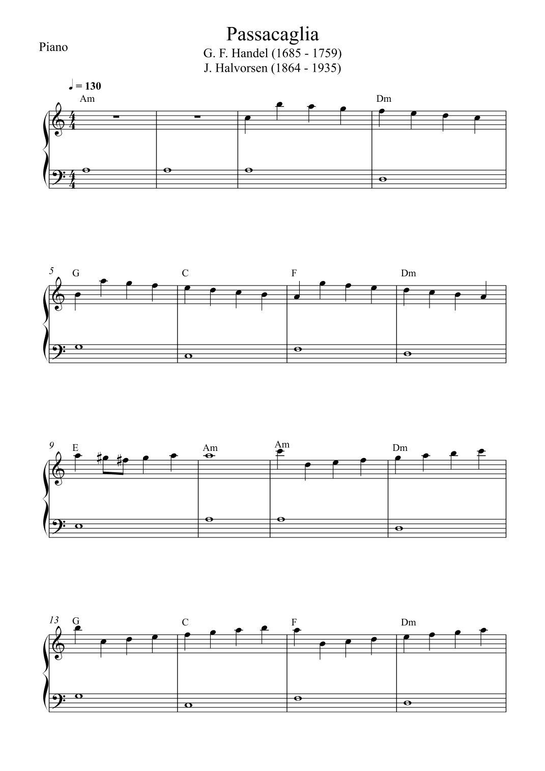Passacaglia - Handel / Halvorsen (Easy Piano) (arr. Wesley S. SIlva)
