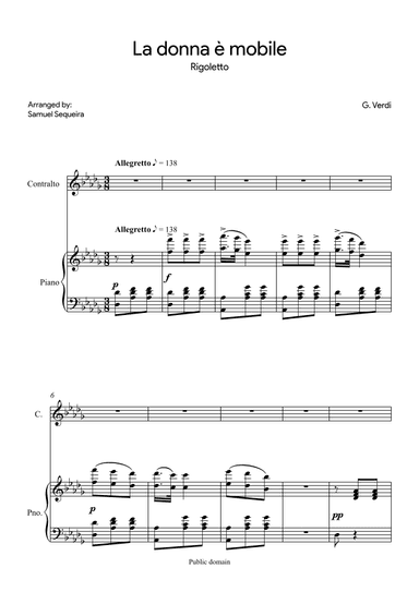La donna è mobile - for Contralto - in Db (arr. Samuel Sequeira)