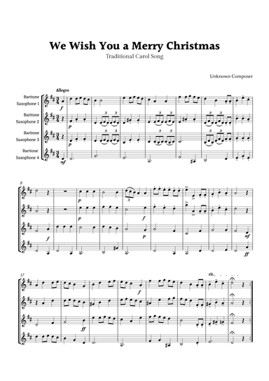 We Wish you a Merry Christmas for Baritone Sax Quartet (arr. Rika K.)