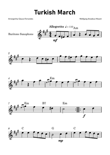 Turkish March by Mozart - Baritone Saxophone Solo with Chord Notations (arr. Glauco Fernandes)