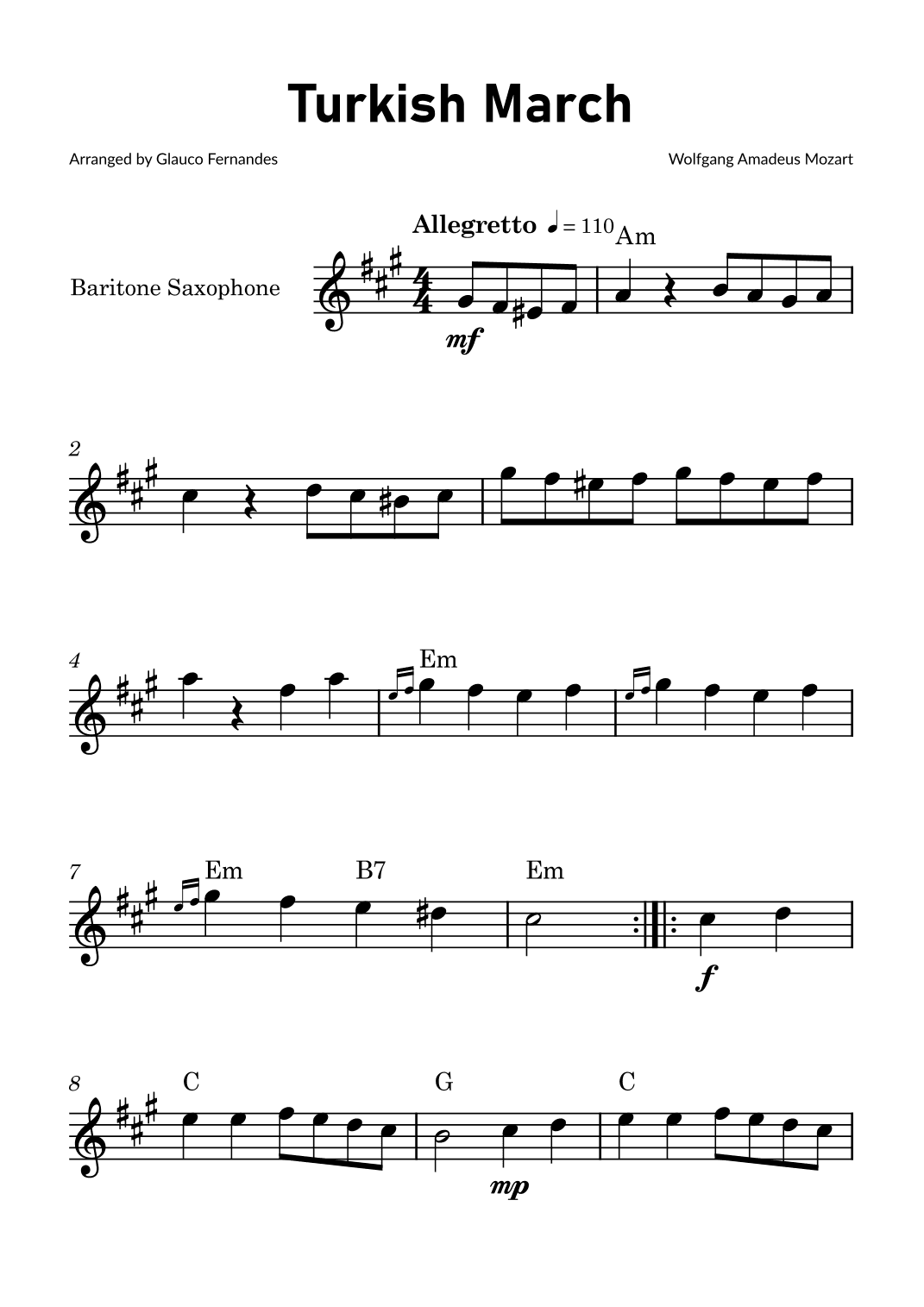 Turkish March by Mozart - Baritone Saxophone Solo with Chord Notations (arr. Glauco Fernandes)