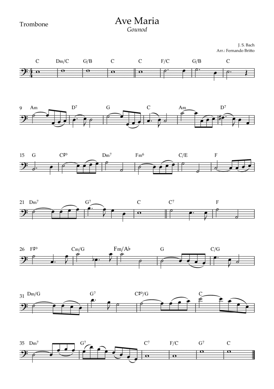 Ave Maria (Gounod) for Trombone Solo with Chords (C Major) (arr. Fernando Britto)