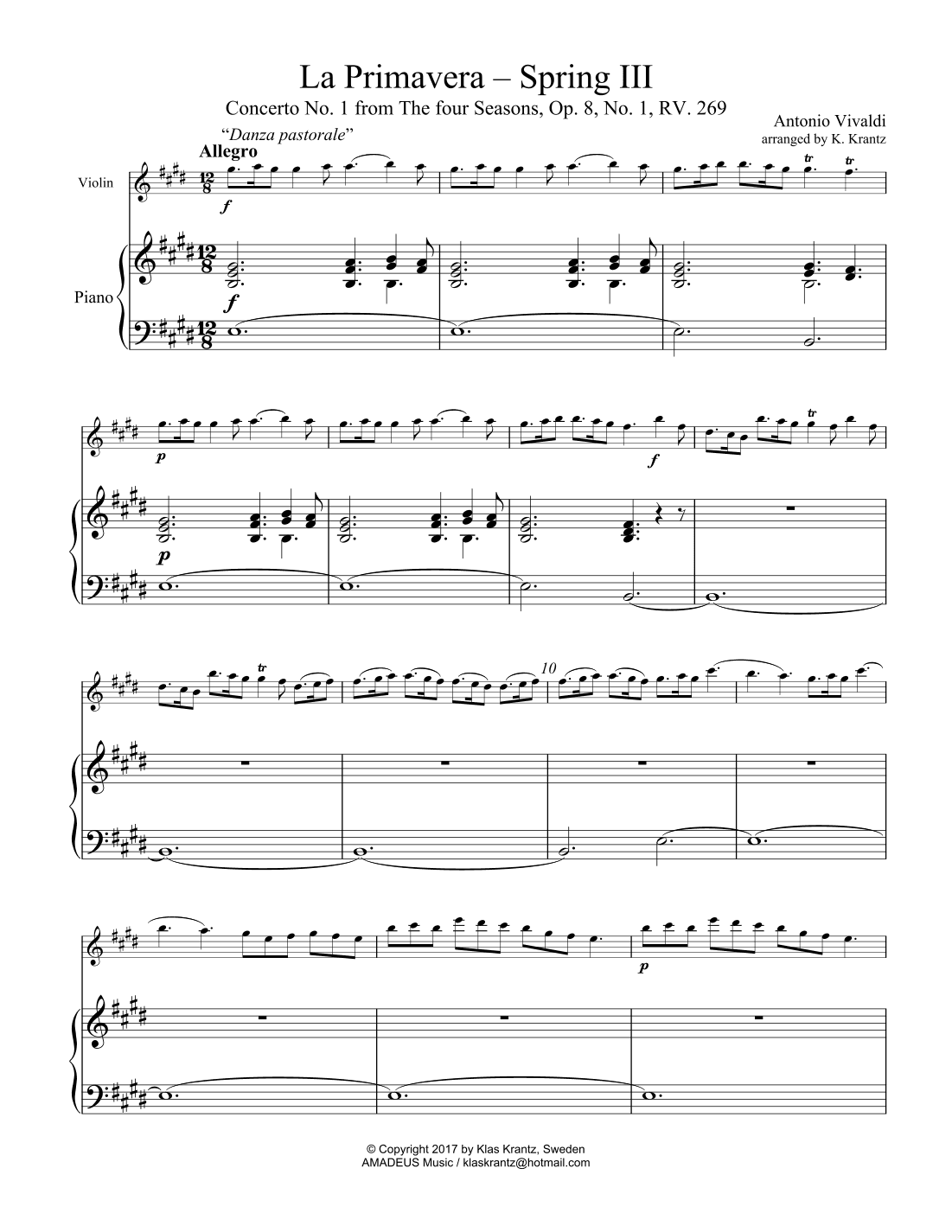 Allegro (iii) from La Primavera (Spring) RV. 269 for violin and piano (arr. K. Krantz)