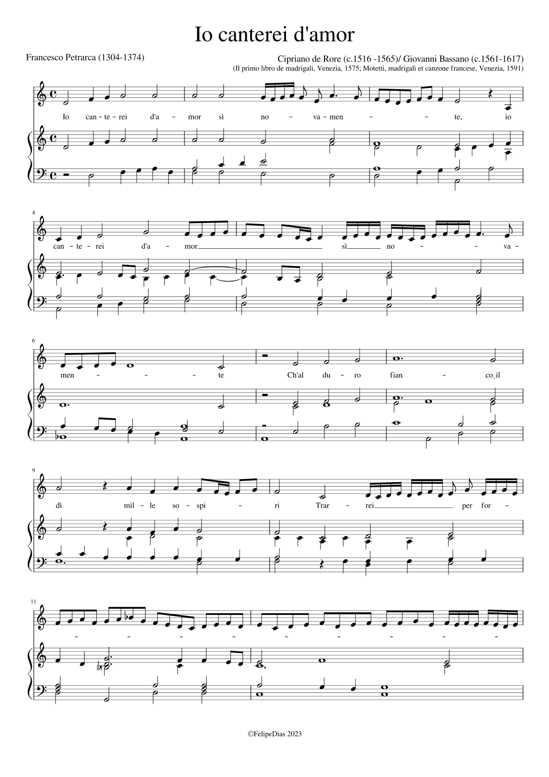 Io canterei d'amor (with diminutions by Bassano) (arr. Early Music Scores)