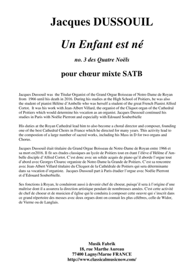 Jacques Dussouil: "Un Enfant est né" from Quatre Noëls for SATB mixed chorus
