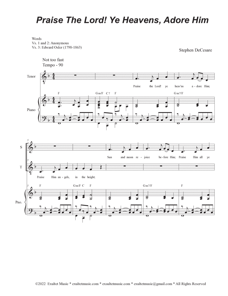 Praise The Lord! Ye Heavens, Adore Him (2-part choir - (Soprano and Tenor)