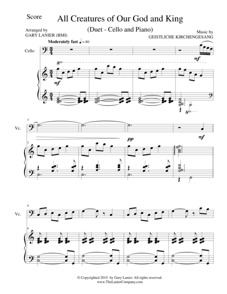 ALL CREATURES OF OUR GOD AND KING (Duet – Cello and Piano/Score and Parts) (arr. Gary Lanier)